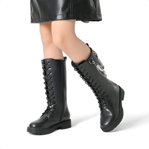 Girls Zipper Knee High Riding Boots - BLACK - 4